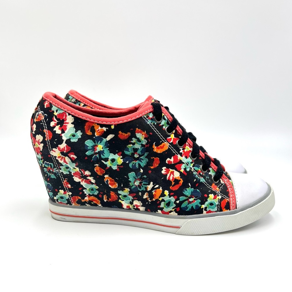 SO Womens Size 9 Hidden Wedge‎ Floral Print Platform Lace Up Sneakers Shoes